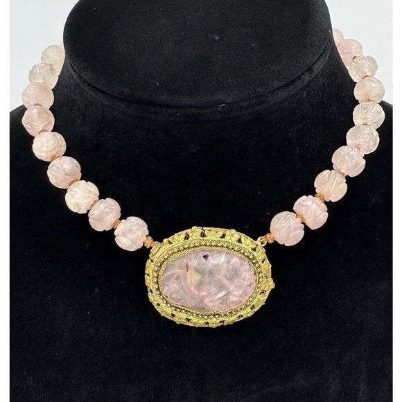 Vintage Antique Carved Rose Quartz Gold Tone Ornate Filigree Collar Necklace 14” - Picture 1 of 14